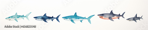 A Minimal Watercolor Banner of a Row of Sharks on a White Background