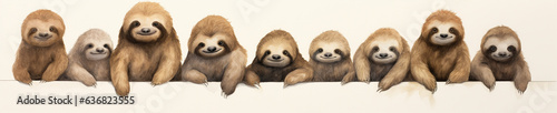 A Minimal Watercolor Banner of a Row of Sloths on a White Background