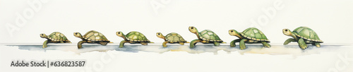 A Minimal Watercolor Banner of a Row of Turtles on a White Background