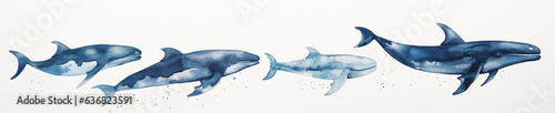 A Minimal Watercolor Banner of a Row of Whales on a White Background
