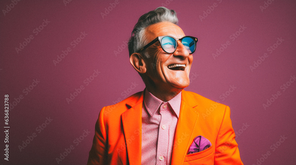 Old and trendy man, smiling, enthousiastic, studio, vivid color background Old and trendy man, smiling, enthousiastic, studio, vivid color background