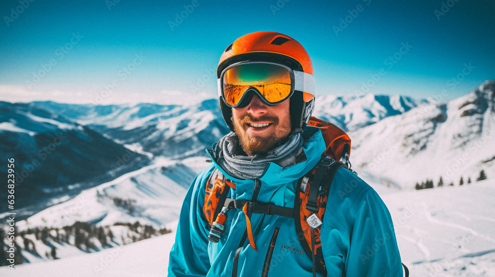 Skier on a snowy slope in mountains