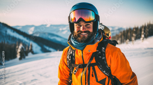 Skier on a snowy slope in mountains