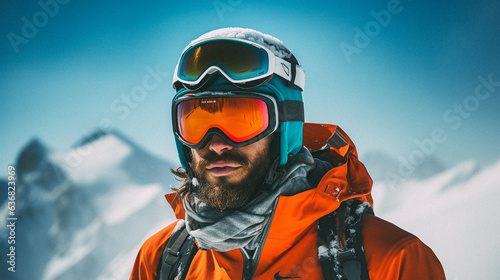 Skier on a snowy slope in mountains