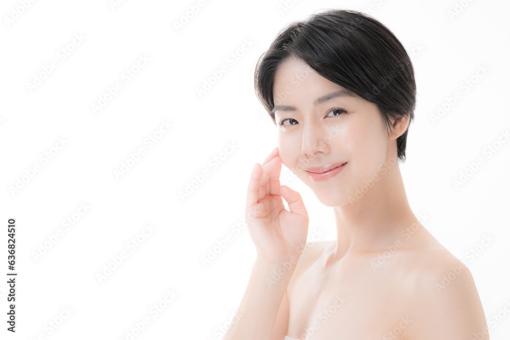 Young woman's beauty image Facial close-up smile Glossy skin Lighting