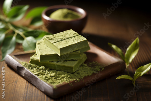 Wallpaper Mural a plate with several pieces of green tea "matcha" chocolate on a wooden surface Torontodigital.ca