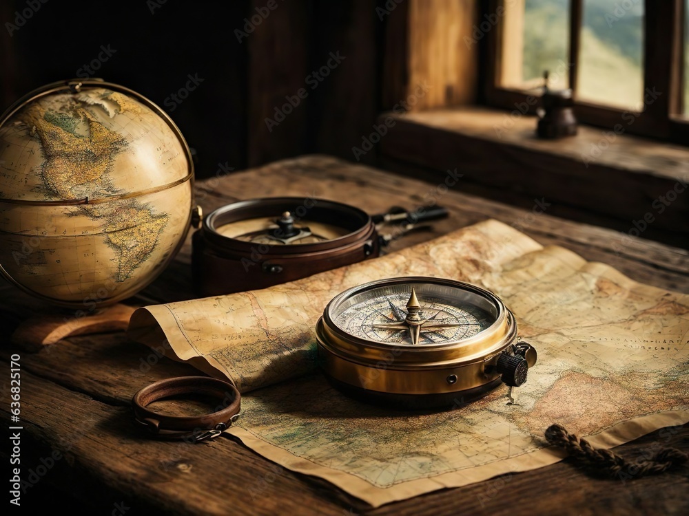 Wanderlust & Travel. Adventure Map and Compass: An image of a vintage map and a compass placed on a rustic wooden table, evoking the sense of adventure and exploration.