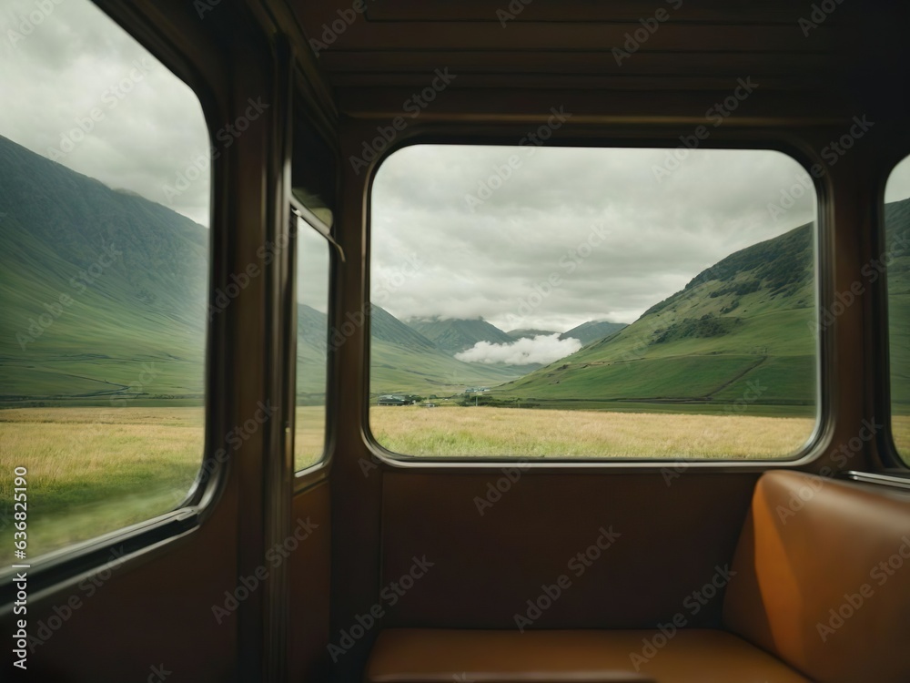 Wanderlust & Travel. Train Window View: A shot taken from inside a train, showing a picturesque view of passing landscapes, capturing the essence of train travel and the anticipation of discovery.
