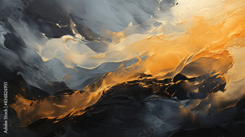Closeup of Abstract Rough Art Painting in Black and Gold with Brush Stroke Textures