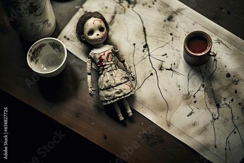 Haunted doll with soulless eyes. Generative AI