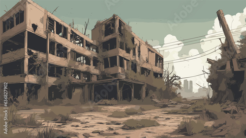 background image depicting a post-apocalyptic wasteland, with crumbling buildings, overgrown vegetation, and hints of a once thriving civilization. Vector illustration