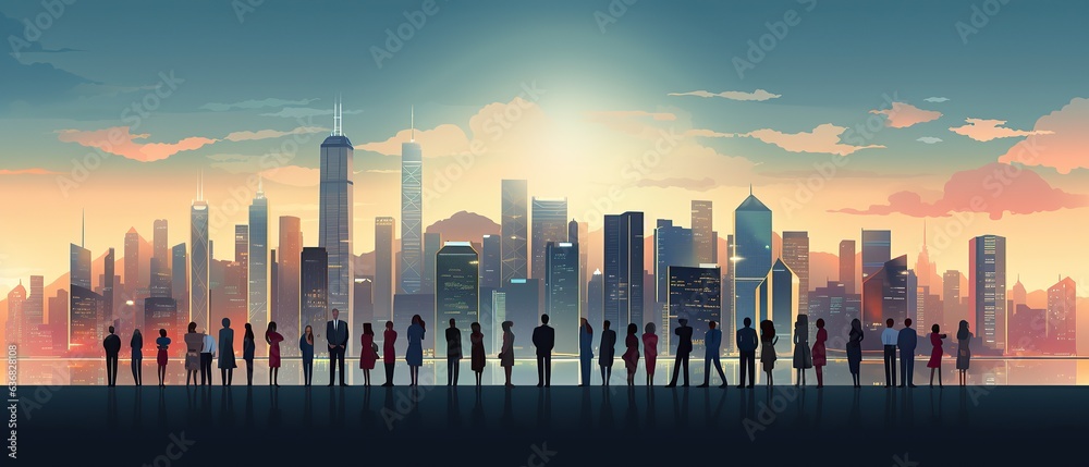 teamwork of A group of people stand in front of a cityscape, Generative ai