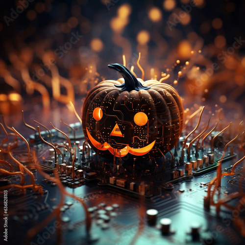 Pumpkin Tech Spectacular, Spooky Halloween Background with Digital Pumpkin Splendor