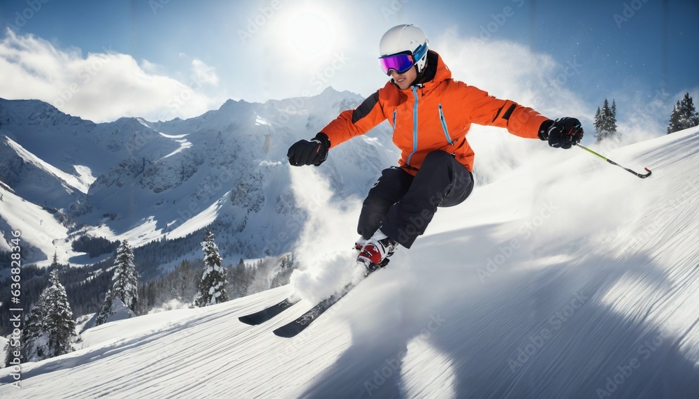 Skier jumping on a sunny mountain slope with professional equipment Skier jumping on a sunny mountain slope with professional equipment