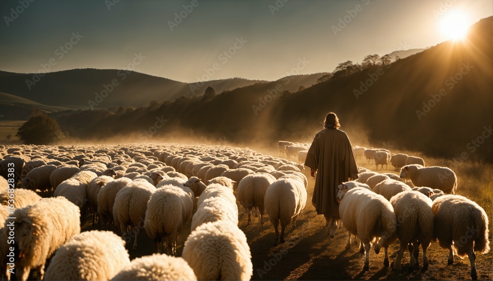 Jesus Christ the shepherd leading sheep and praying to God in a field
