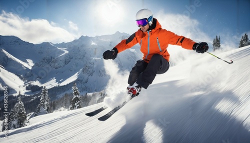 Skier jumping on a sunny mountain slope with professional equipment © ibreakstock
