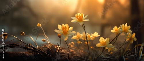 beautiful flowers bloom in the spring field, soft focus, generative ai.