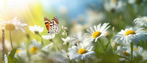 beautiful flowers bloom with a butterfly in the spring field, soft focus, generative ai.