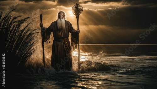 Moses holds his staff as God parts the waters of the Yam Suph (Reed sea) photo