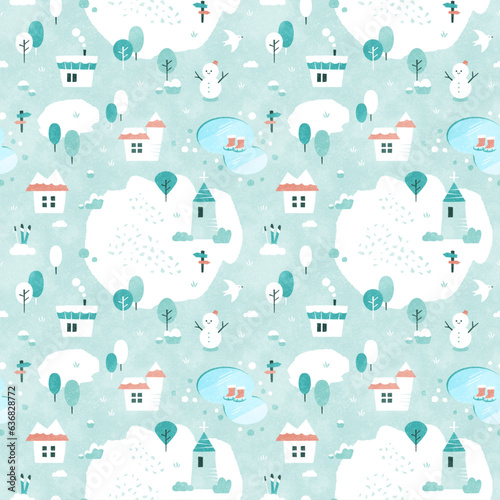 雪と家の冬の背景パターン 俯瞰風景イラスト（水彩シームレス）