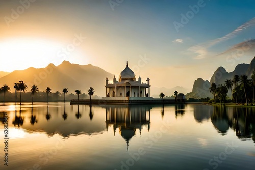 Beautiful mosque in with amazing lake panorama, generative Ai