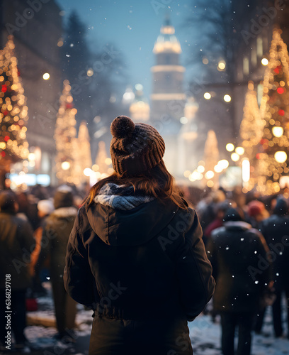 Urban Holiday Magic: Christmas Festival in a Snowy City at Night Generative AI