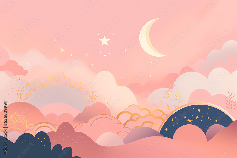 crescent moon above the clouds on pink background crescent moon above the clouds on pink background