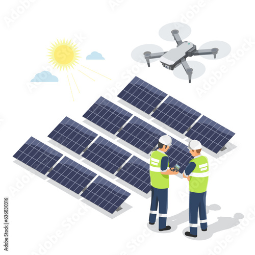 engineers use uav drone fly to inspect Solar Panels at Power Plant inspection concept isometric  isolated illustration cartoon vector