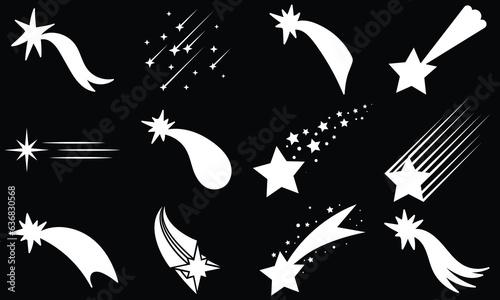  Shooting stars icons.Abstract silhouette of shooting star. Meteorite and comet symbols. Flying comet with tail, falling meteor, abstract galaxy element. Cosmic shine. star vector design. 