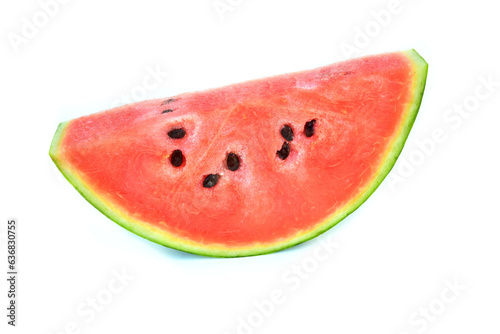 Watermelon fruit, sweet taste, sliced, revealing red flesh and seeds, isolated on a white background.