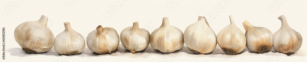 Obraz premium A Minimal Watercolor Banner of a Row of Garlic on a White Background