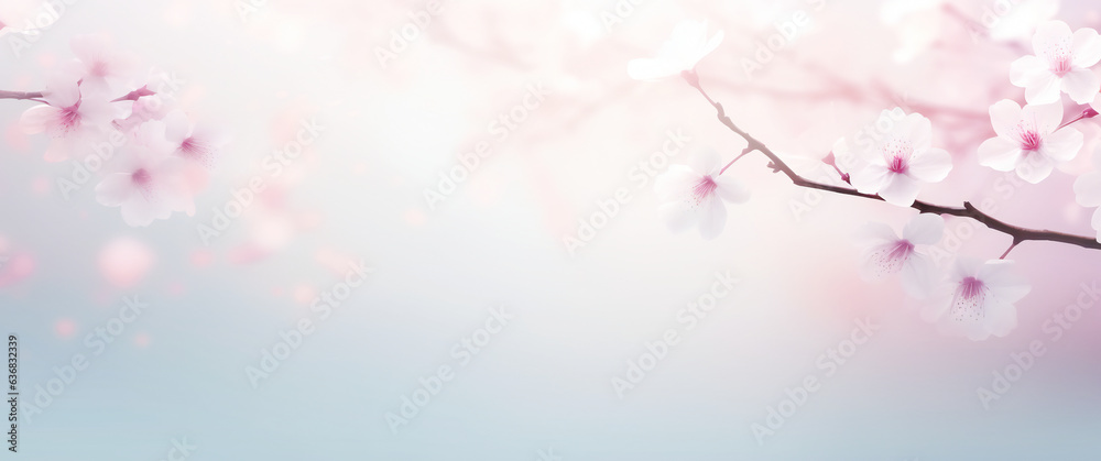 Dreamy background texture featuring cherry blossom flowers on a soft light pink and blue canvas