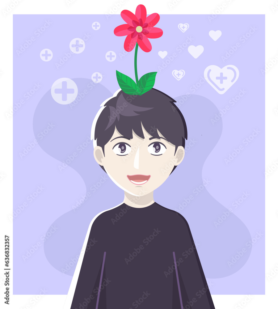 mental health concept illustration with happy boy and flower on his head mental health concept illustration with happy boy and flower on his head