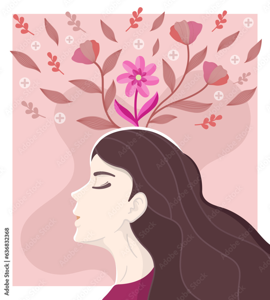 mental health concept illustration with relaxing girl and flower on his head