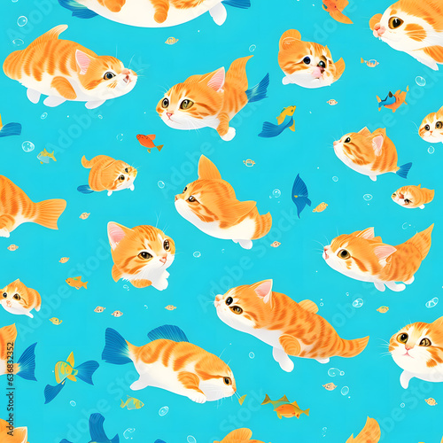 tileable pattern of cute funny baby cat kitten and fish combination creature in flat color style