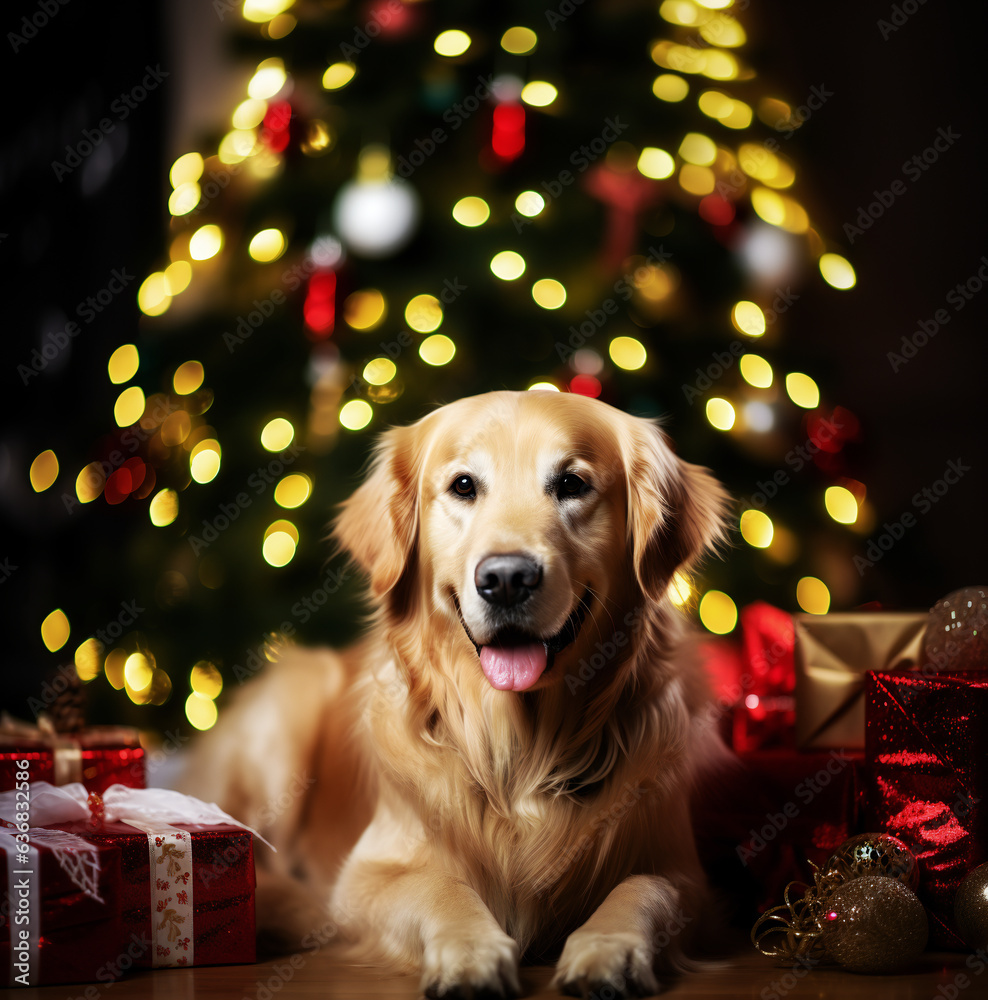 Golden Retriever poses alongside a beautifully adorned Christmas tree and wrapped presents.