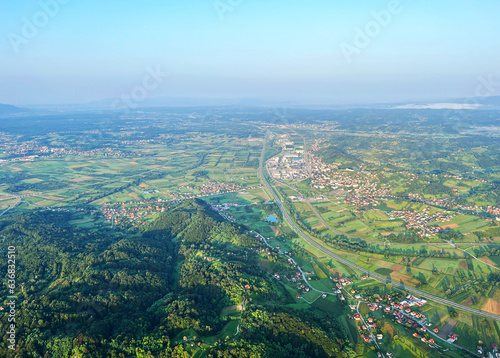 View of forests, fields, villages and Zagorje hills, during a panoramic balloon flight over Croatian Zagorje - Croatia (Panoramski let balonom iznad Hrvatskog zagorja - Hrvatska)