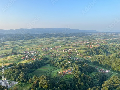 View of forests  fields  villages and Zagorje hills  during a panoramic balloon flight over Croatian Zagorje - Croatia  Panoramski let balonom iznad Hrvatskog zagorja - Hrvatska 