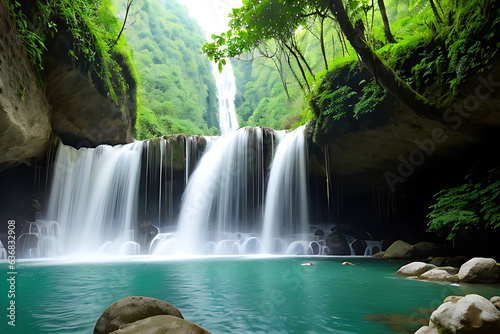 a large waterfall in the middle of a lush green forest