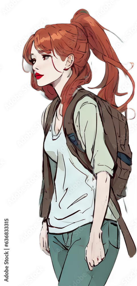 Cartoon Illustrated Young Woman Teen Red Hair Wearing Backpack Side View Transparent Background Cartoon Illustrated Young Woman Teen Red Hair Wearing Backpack Side View Transparent Background