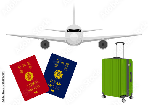 パスポートとスーツケースを準備して飛行機で海外旅行へ行く