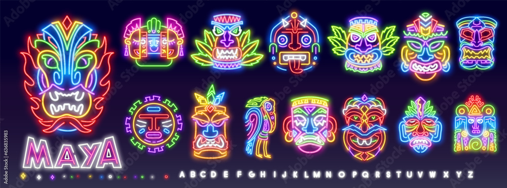 Terrible tiki idol neon sign. Tribal mask, ancient culture design. Night bright neon sign, colorful billboard, light banner. Vector illustration in neon style.