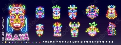 Tropical Tiki mask neon sign. Neon sign, bright signboard, light banner. photo