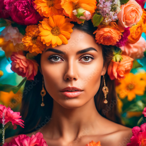 Portrait of a beautiful girl in a wreath of flowers on her head.