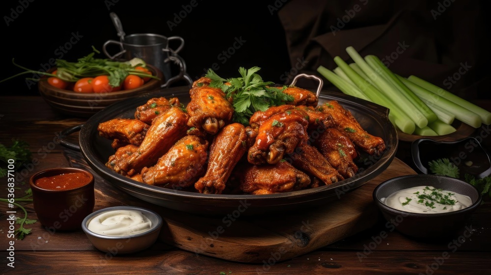 Realistic Buffalo wings with melted hot sauce on a wooden table with a blurred background