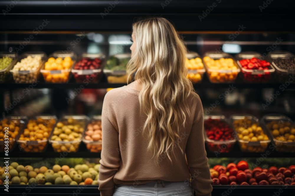 The rear view of a young woman choosing vegetables and fruits for cooking in a supermarket is a good lifestyle concept for shopping and health.