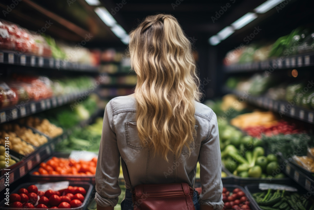 The rear view of a young woman choosing vegetables and fruits for cooking in a supermarket is a good lifestyle concept for shopping and health.