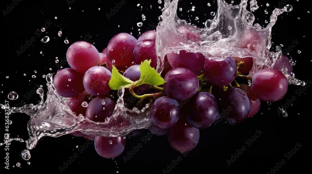 Realistic fresh grapes exposed to splashing water on black background and blur Realistic fresh grapes exposed to splashing water on black background and blur
