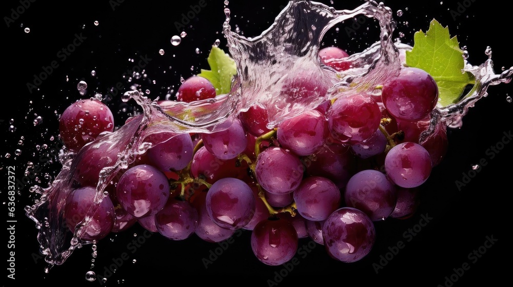Realistic fresh grapes exposed to splashing water on black background and blur Realistic fresh grapes exposed to splashing water on black background and blur