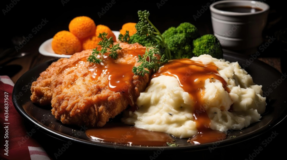Realistic fried pork chops with melted mayonnaise on a plate, black background and blur Realistic fried pork chops with melted mayonnaise on a plate, black background and blur